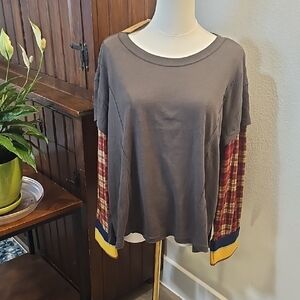 Gray Plaid Sleeve Women's Top